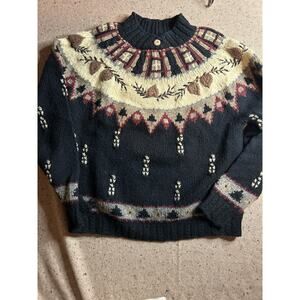 Vintage St. John’s Bay Henley Sweater Small Black Acorn Tree Forest Scene